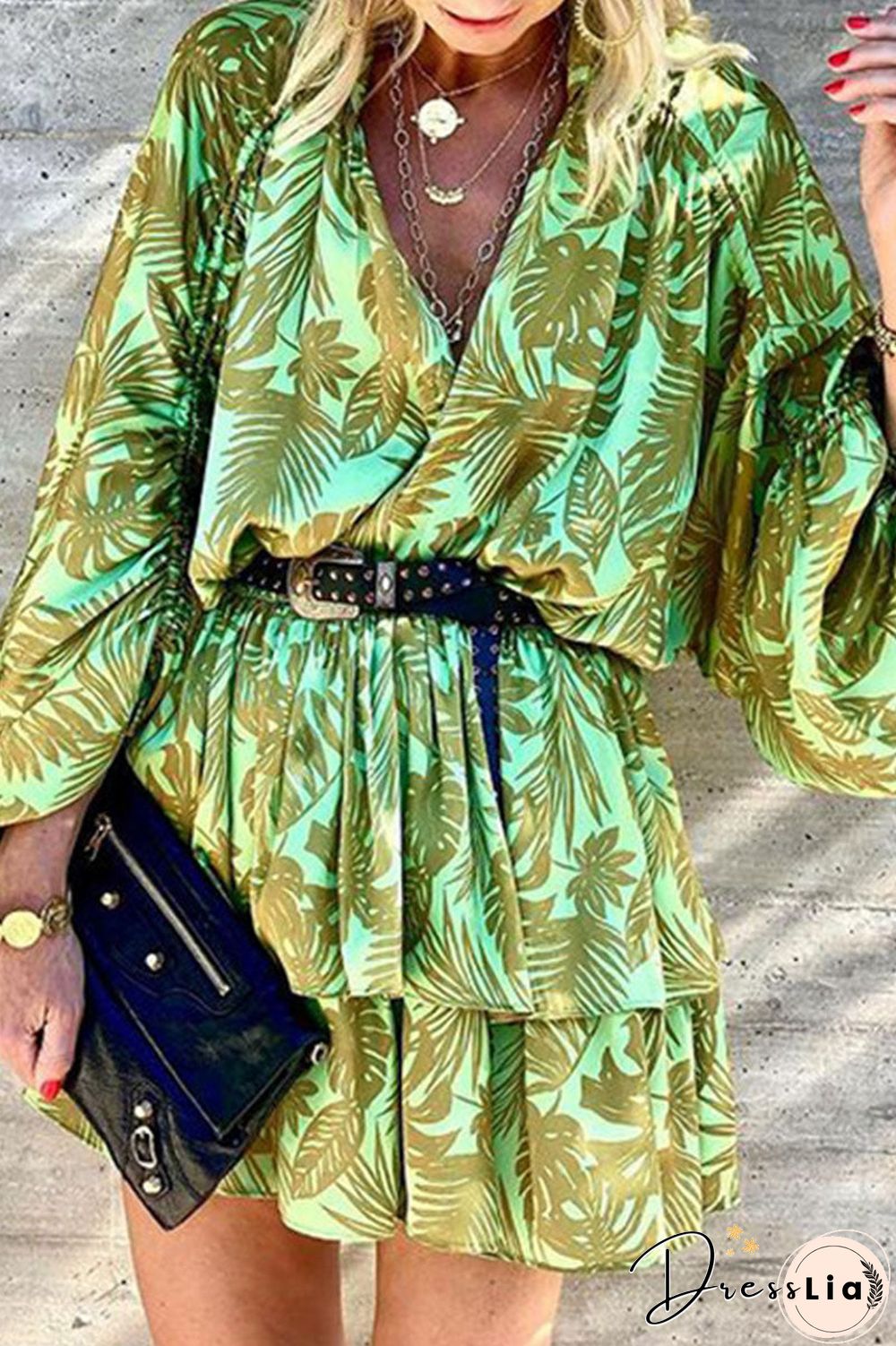 Fashion Street Print Split Joint V Neck A Line Dresses