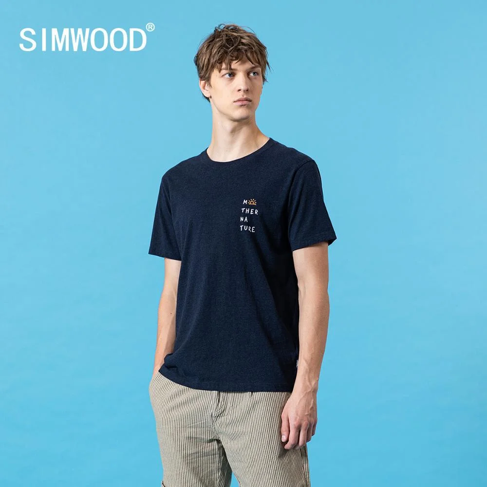 SIMWOOD 2021 summer new t-shirt men letter print soft 210g 100% cotton top comfortable breathable  tee plus size brand clothing