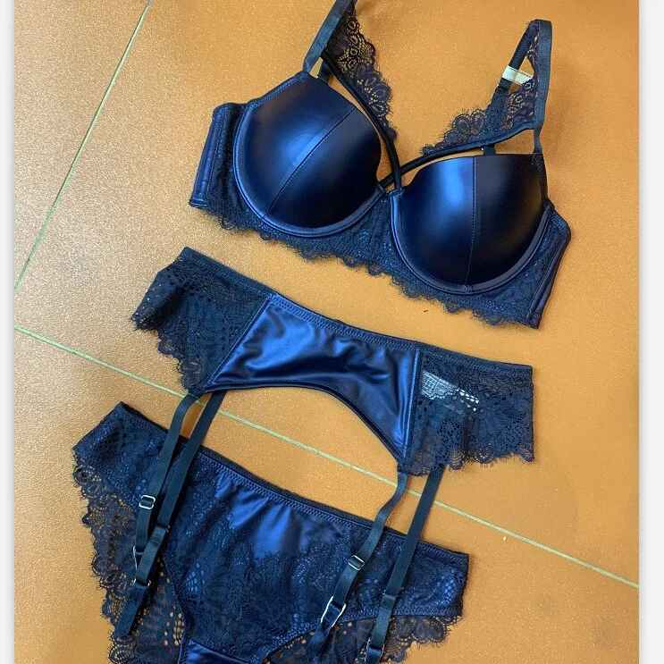 PU glossy gathered steel ring underwear ladies bra set push up leather girl lace lingerie panty set BC cup large size bralette
