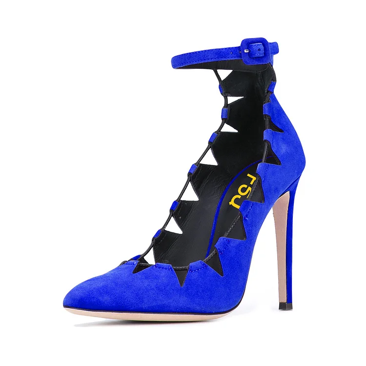 Royal Blue Heels Ankle Strap Pointy Toe Vegan Suede Pumps Stiletto Heels |FSJ Shoes