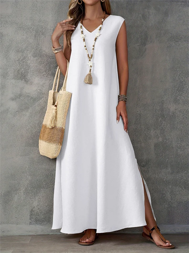 Summer Dresses Women's Sleeveless V-Neck Side Split One-piece Long Dresses-JRSEE
