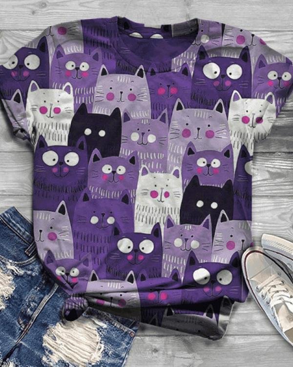 Cat Printed Casual Crew Neck Cotton-Blend Shirts & Tops - Chicaggo