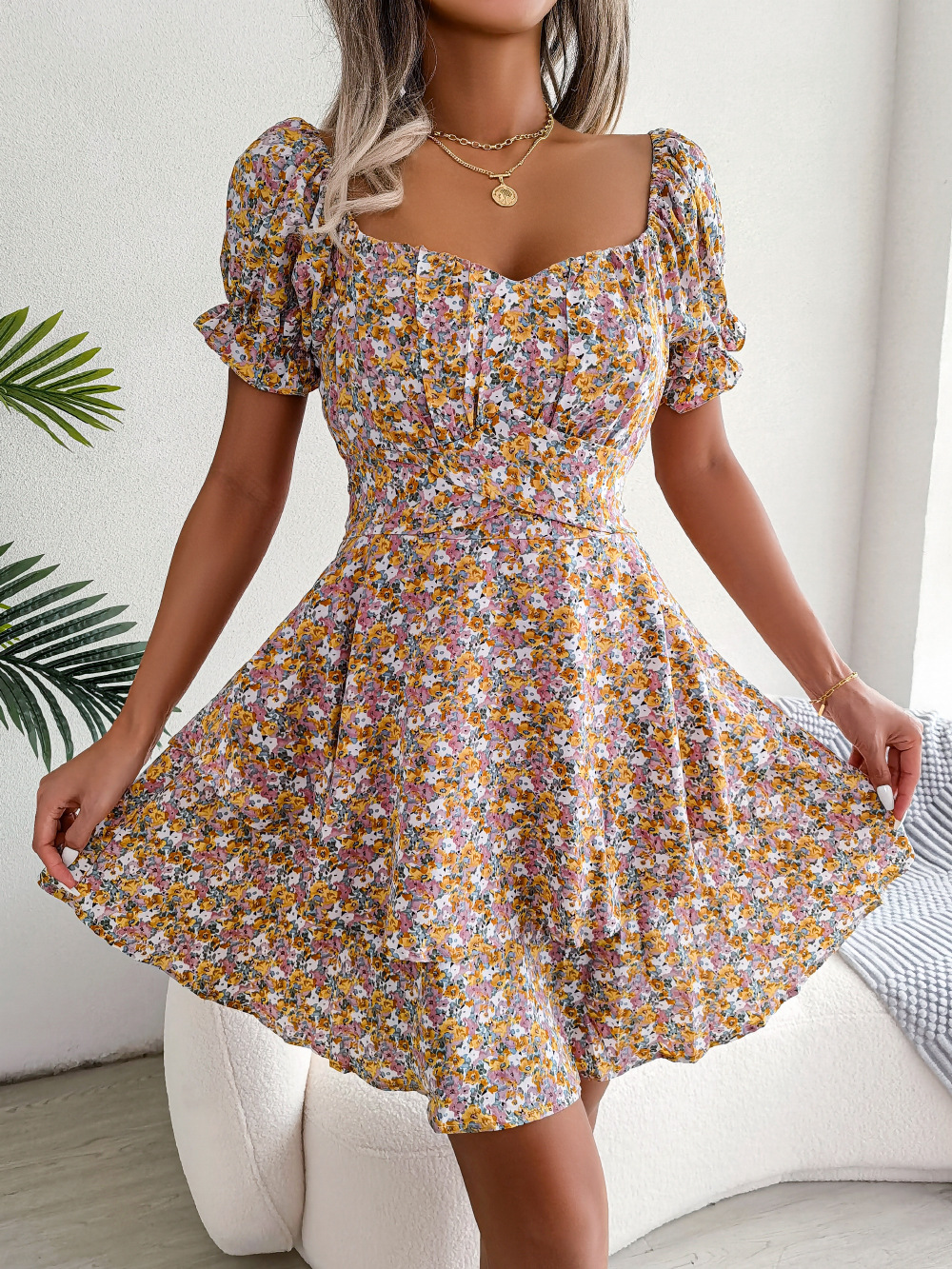 Mature Women Summer Elegant Floral Lace-up Waist-controlled Large Hem Dress