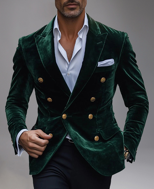 Business Peaked Lapel Double Breasted Long Sleeve Velvet Blazer