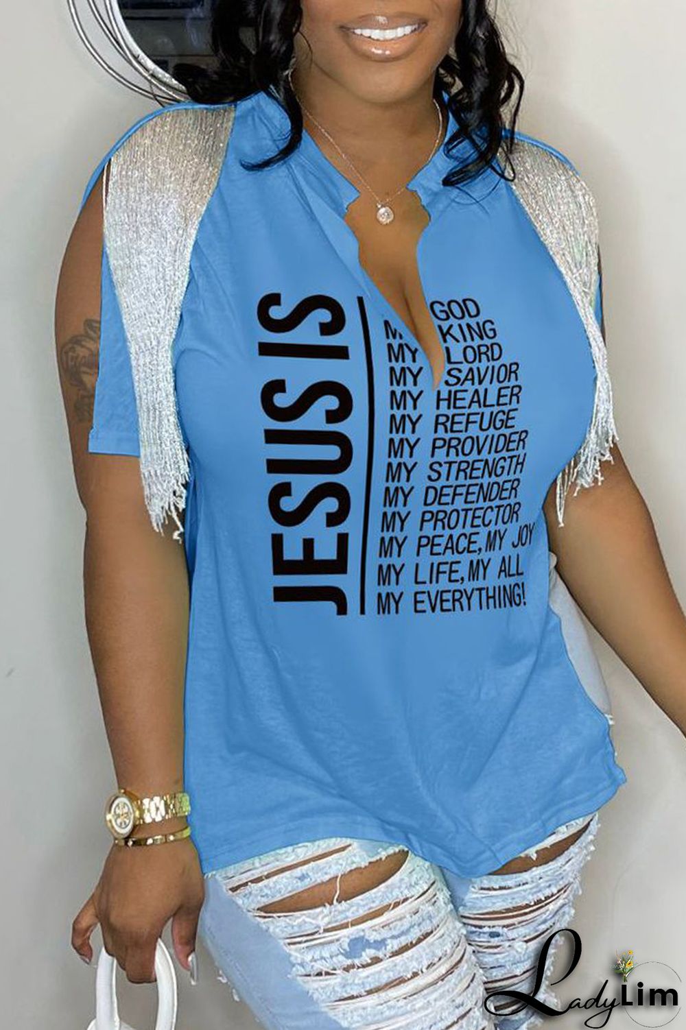 Black Casual Letter Print Tassel Patchwork V Neck T-Shirts