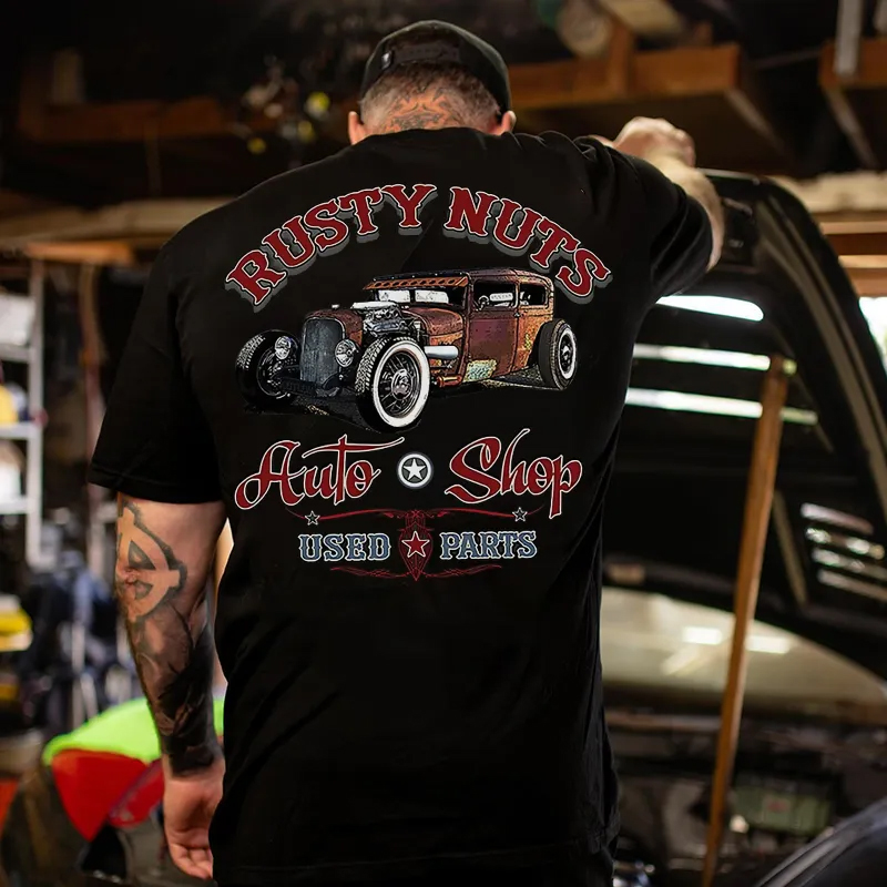 Cotton Rusty Nuts Auto Shop Used Parts Graphic T-Shirt