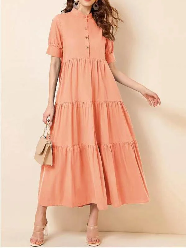 Ladies Cotton and Linen Solid Color Round Neck Cake Dress-Mayoulove