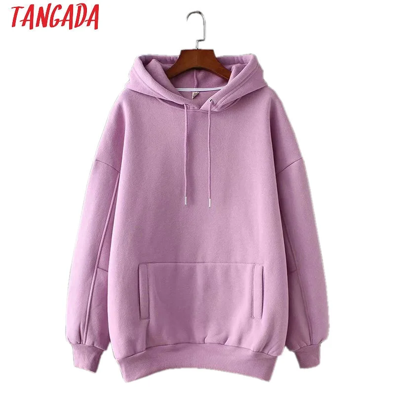 Tangada women fleece hoodie sweatshirts autumn winter fashion 2021 oversize ladies pullovers warm pocket hooded jacket SD60
