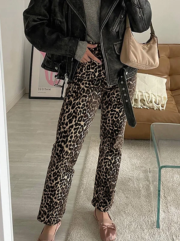 Pockets Leopard High Waisted Trousers Pants