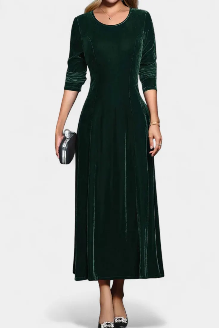 Elegant Long-Sleeve Velvet Maxi Dress with Scoop Neck