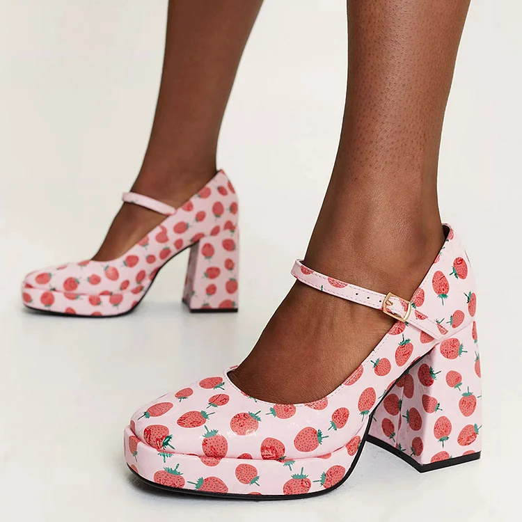 Pink Square Toe Chunky Heels Cute Strawberry Print Mary Jane Shoes |FSJ Shoes