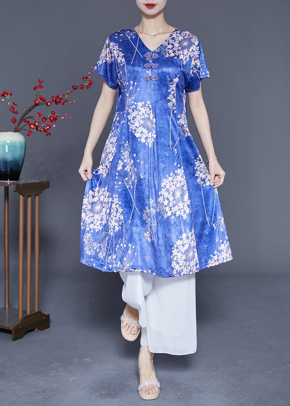 VCSHOES Blue V Neck Print Silk Holiday Dresses Summer