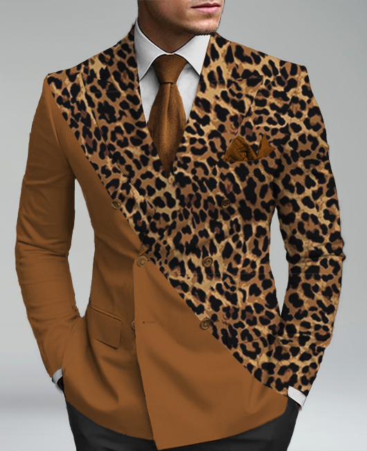 Business Peaked Lapel Double Breasted Leopard Pattern Patchwork Blazer