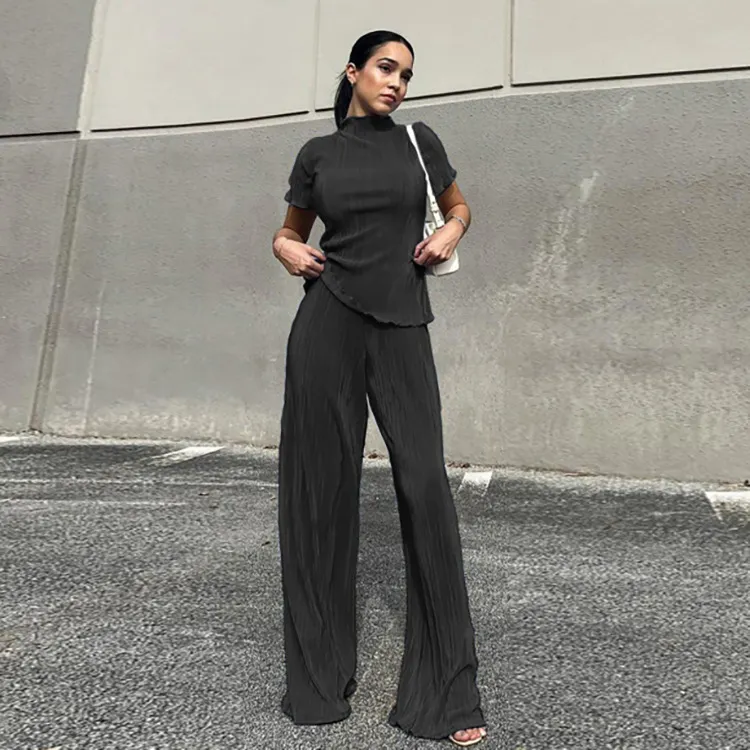 Churchf Churchf 2023 Summer New Thin T-Shirt High Waist Blue Pleated Floor Pants Casual Women's Fashion Suit