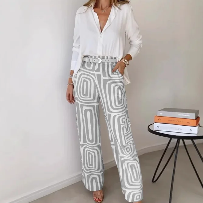 Wongn Wongn Summer Women's Casual Long Sleeve Lapel Shirt Print Wide-Leg Pants Suit