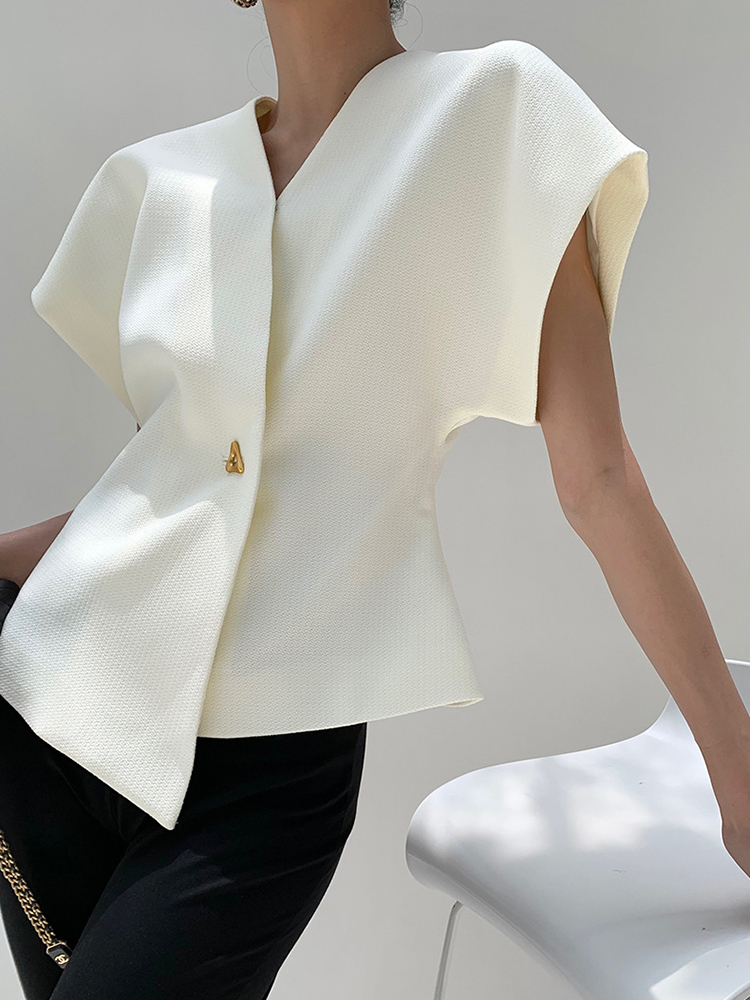 Solid Slimming Waistcoats For Women V Neck Sleeveless Tunic Irregular Patchwork Button Waistcoat Female Fashion New