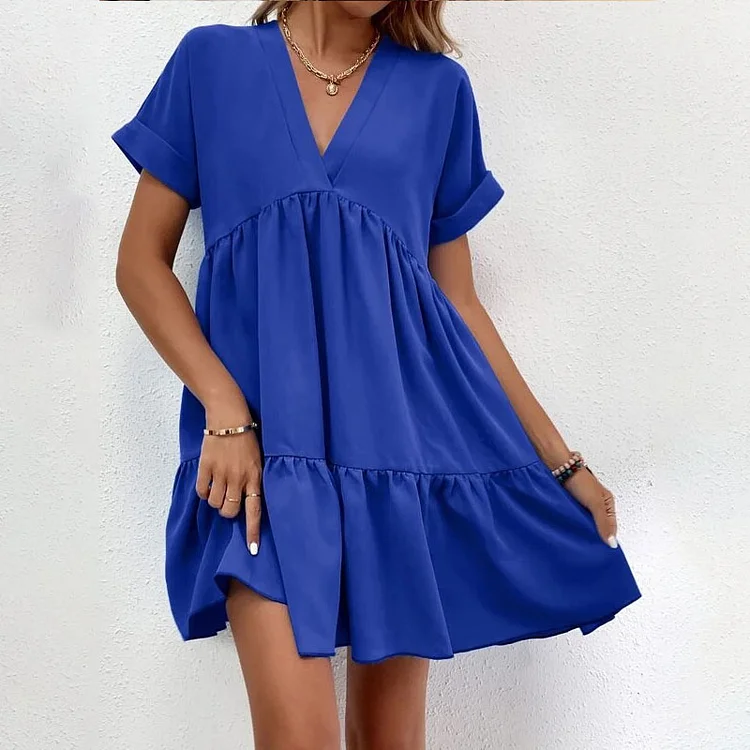 Casual Women's V Neck Loose Solid Color Big Swing Beach Mini Dress