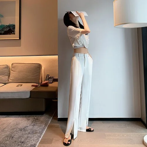 Graduation Gifts  Casual High Waist Button Wide Leg Pants for Women Spring Summer Loose Female Floor-Length Split Suits Pants Ladies Trousers New
