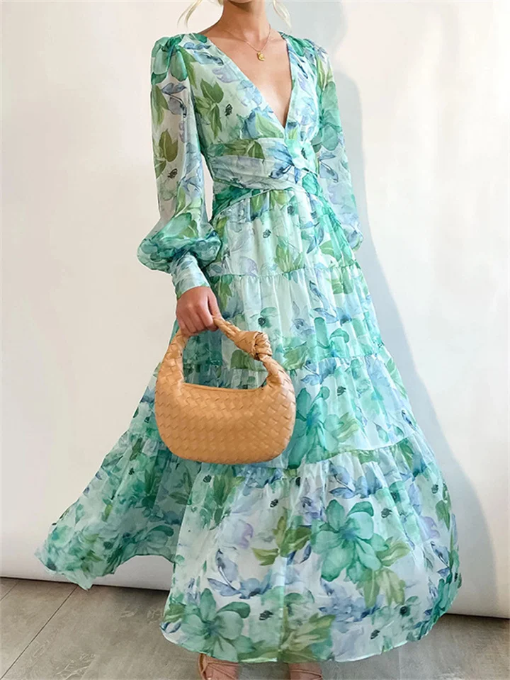 Spring and Summer Casual Solid Color Printing Long Sleeve High Waist V-neck Swing Dress Temperament Commuter Long Dress