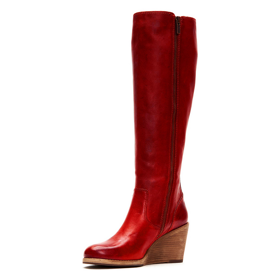 Red Leather Pointed Toe Boots Zipper Wedge Heels Nicepairs