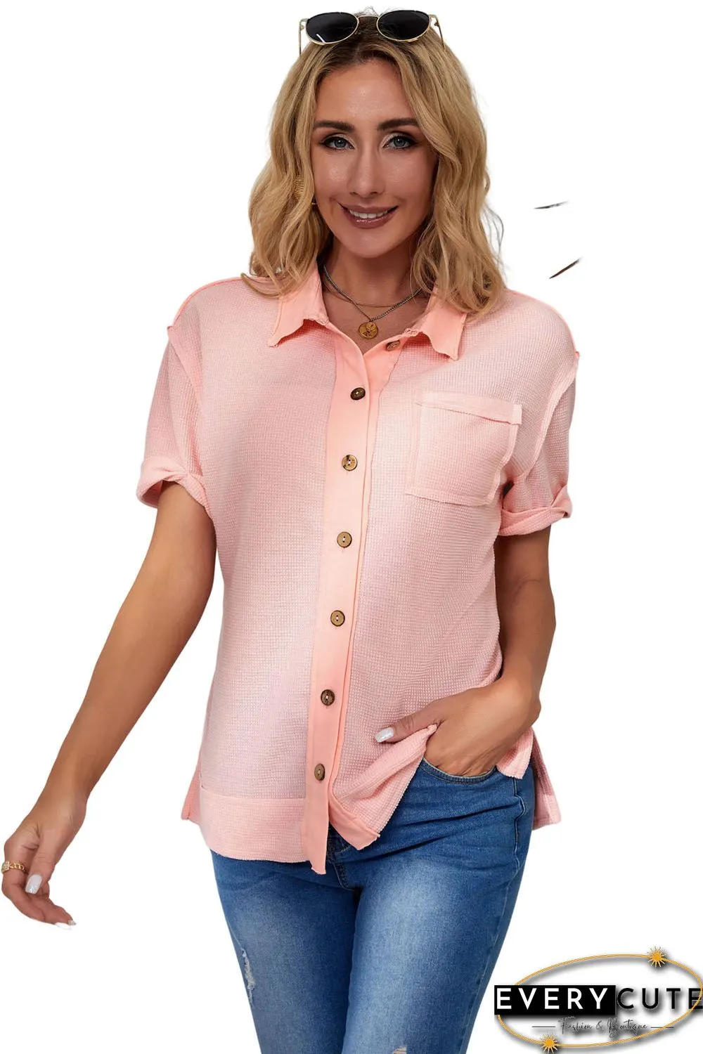 Pink Acid Wash Waffle Knit Short Sleeve Buttoned Shirt