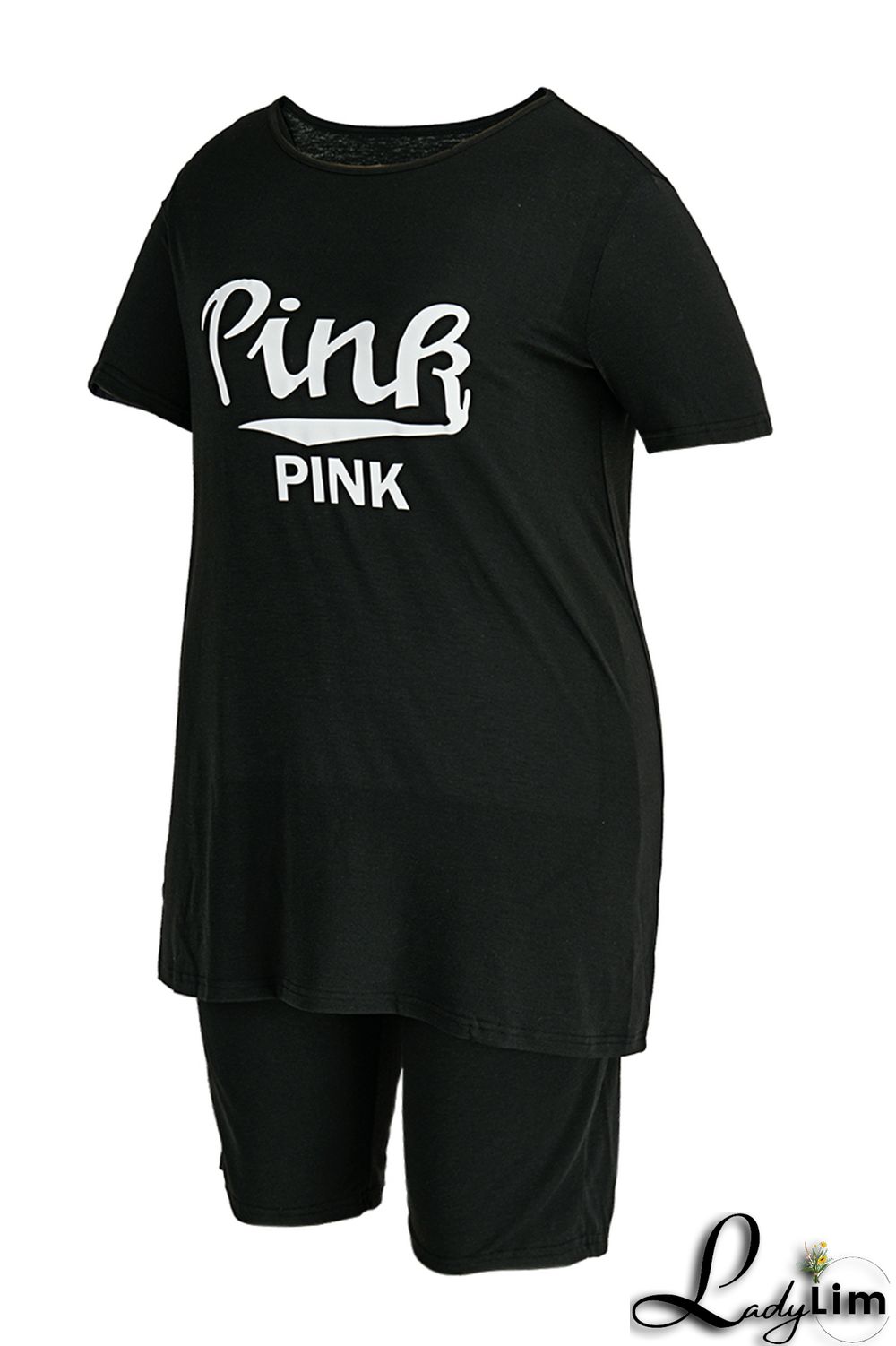 Grey Fashion Casual Letter Print Basic O Neck Plus Size Two Pieces