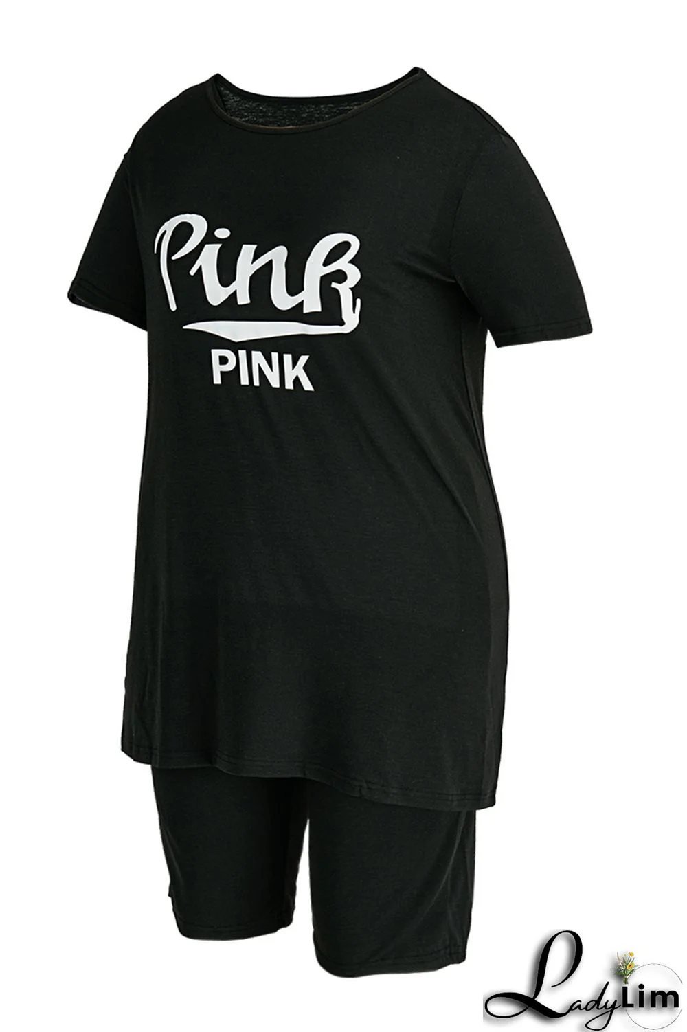 Grey Fashion Casual Letter Print Basic O Neck Plus Size Two Pieces