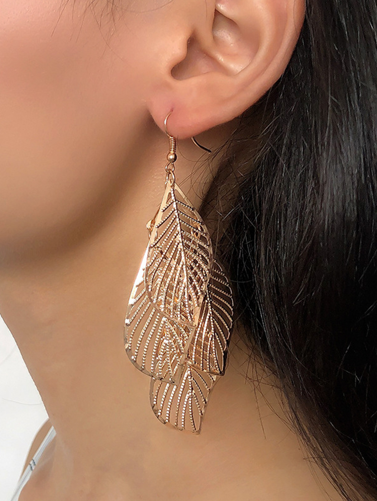 Exaggerated Multi Layer Metal Hollow Out Leaf Earrings