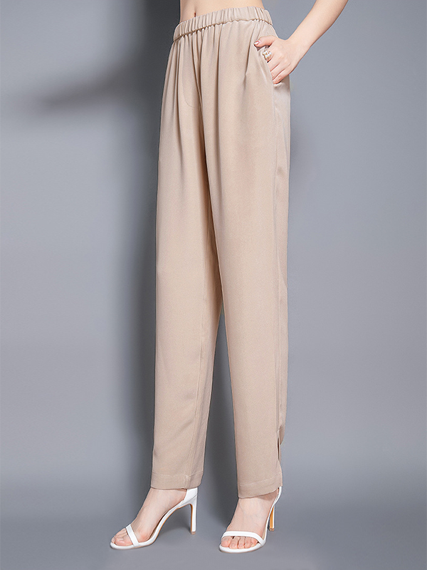 19 MOMME Pantalon en soie à taille élastique polie ourlet plié avec fente-Soie Plus