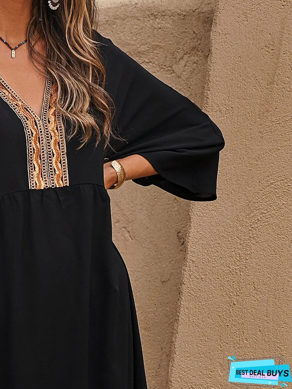 Appliqued Casual A-Line 3/4 Sleeve Weaving Dress