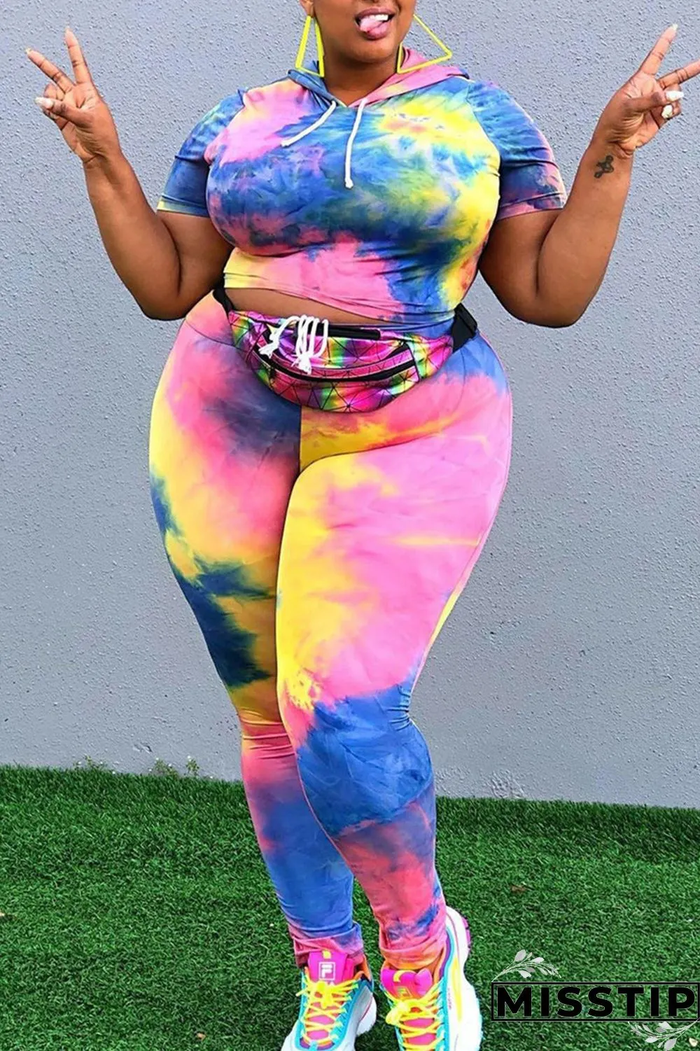 Colour Fashion Casual Print Tie-dye Hooded Collar Plus Size Two Pieces