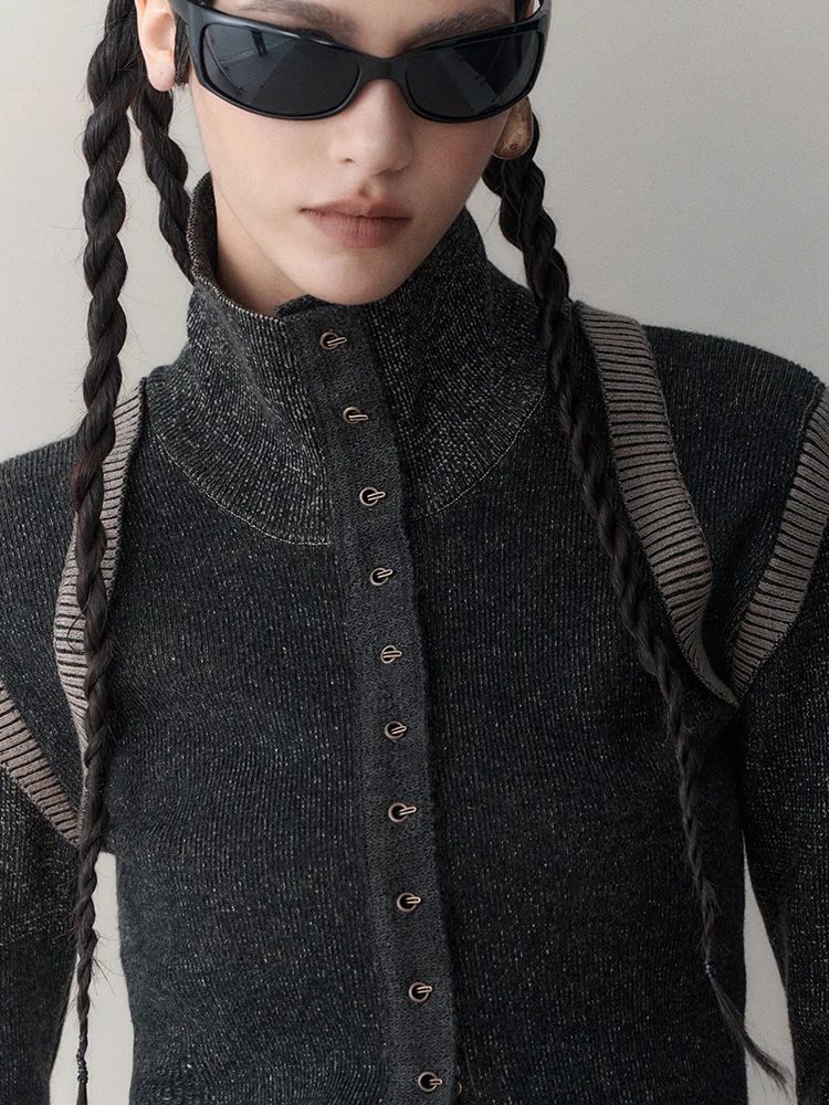 Brownm High Neck Slim Long Sleeve Knit