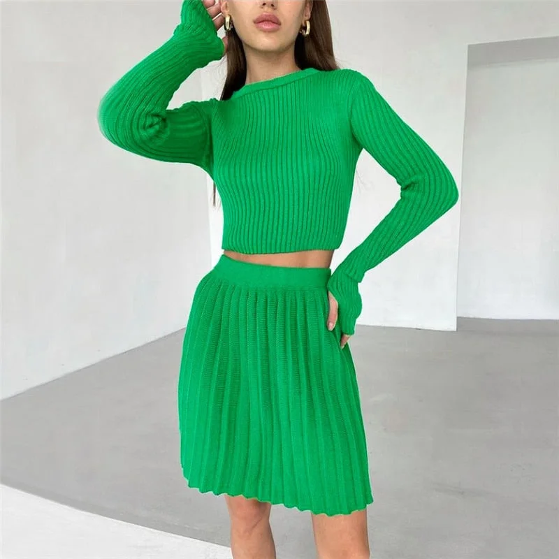 Tossy Knit Two Piece Sets Mini Pleated Skirt Suits Long Sleeve Cropped Sweater Top For Women 2021 Casual Outfits Matching Sets
