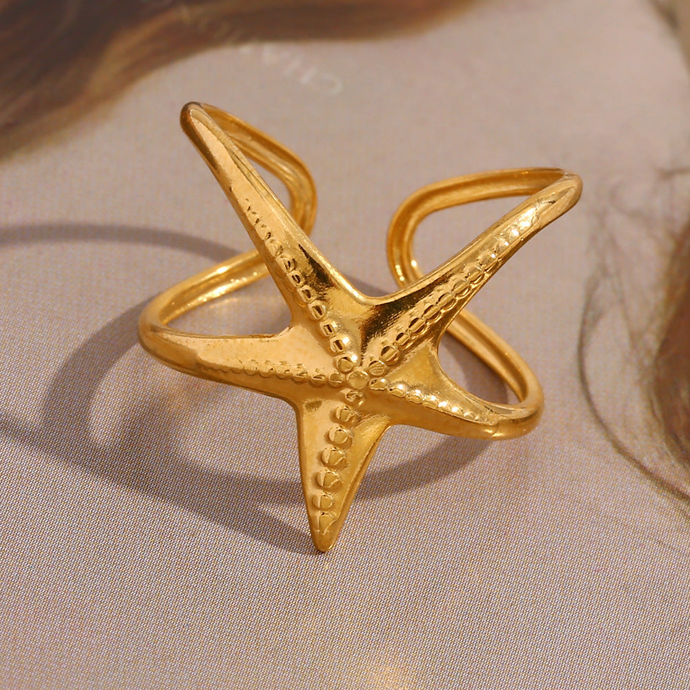 Personality Exaggerated Design Ocean Style Stainless Steel 18K Gold Plated Starfish Open Ring For Women