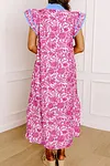 Women's Pink Floral Color Block Patchwork V Neck Short Sleeve Long Dress