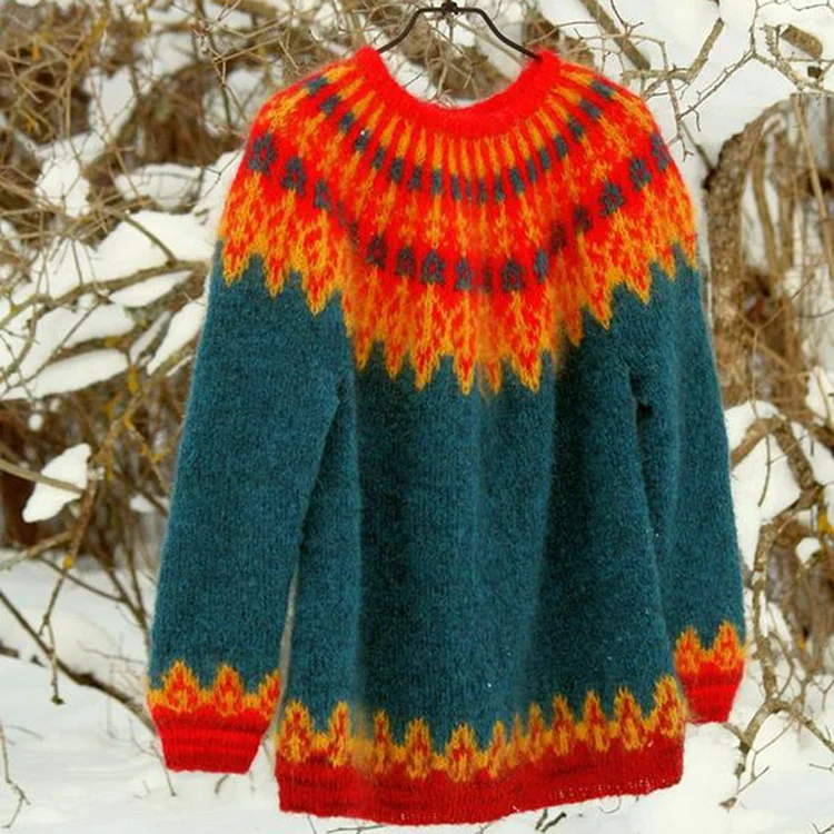 Unisex Vintage Icelandic Colorful Knit Jacquard Warmth Crew Neck Sweater