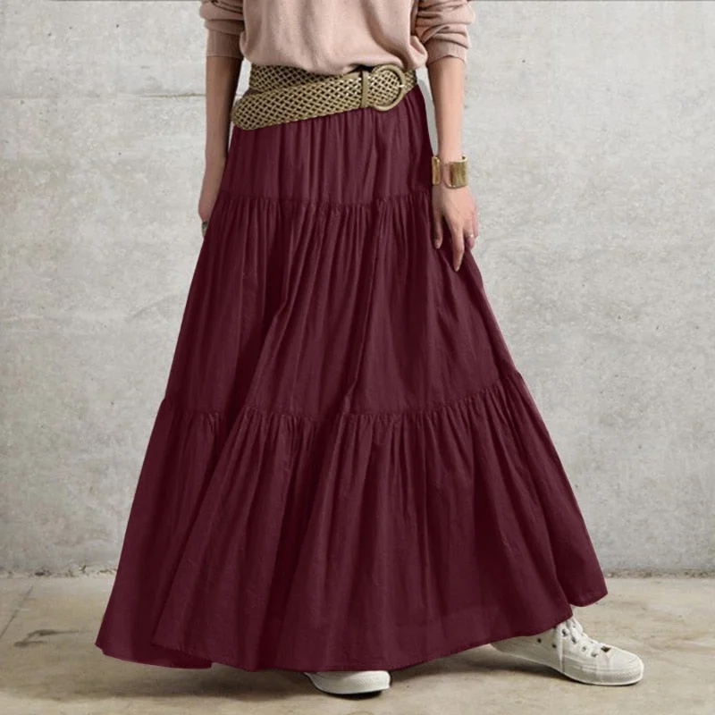 ZANZEA Stylish Women Spring Skirts Vintage Elastic Waist Faldas Saia Female Ruffles Maxi Sundress Casual Jupe Solid Long Skirt