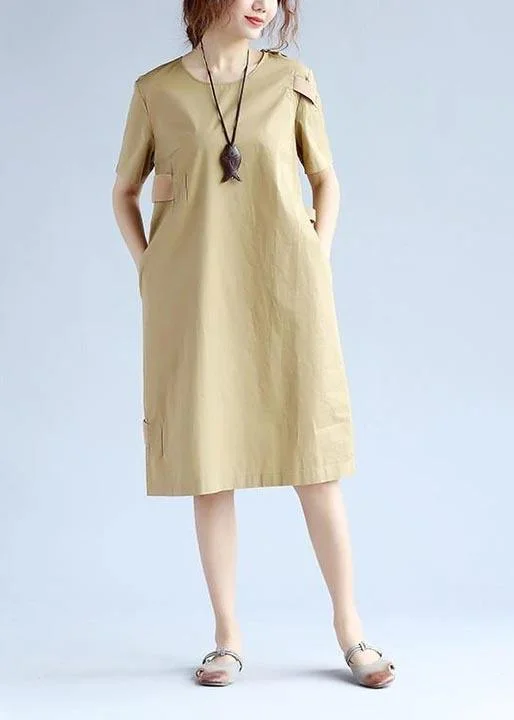 DIY Cotton Summer Dresses Women Splicing Short Sleeves Khaki Dress
