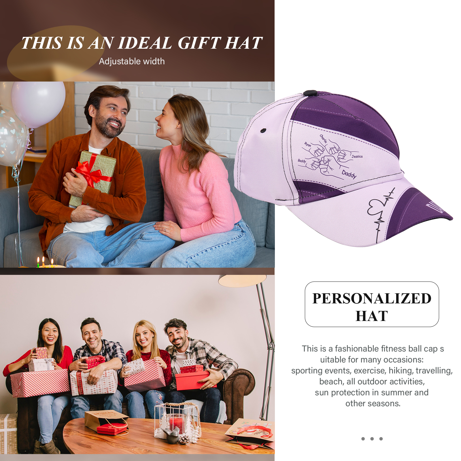 Personalised Fist Bump Classical Baseball Cap Custom 5 Names & 1 Text Snapback Adjustable Gift for Dad/Grandpa/Husband-Jessemade AU