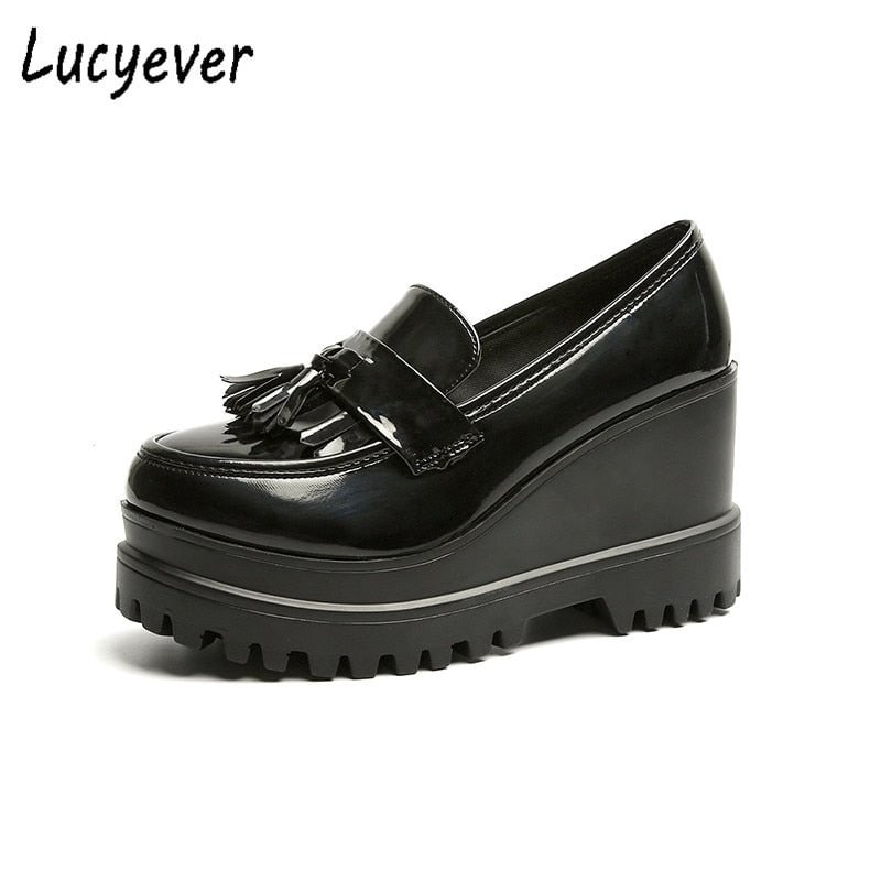 Lucyever 2020 Spring Autumn High Platform Wedges Pumps Women Tassel High Heels Casual Shoes Woman PU Leather Round Toe Shoes
