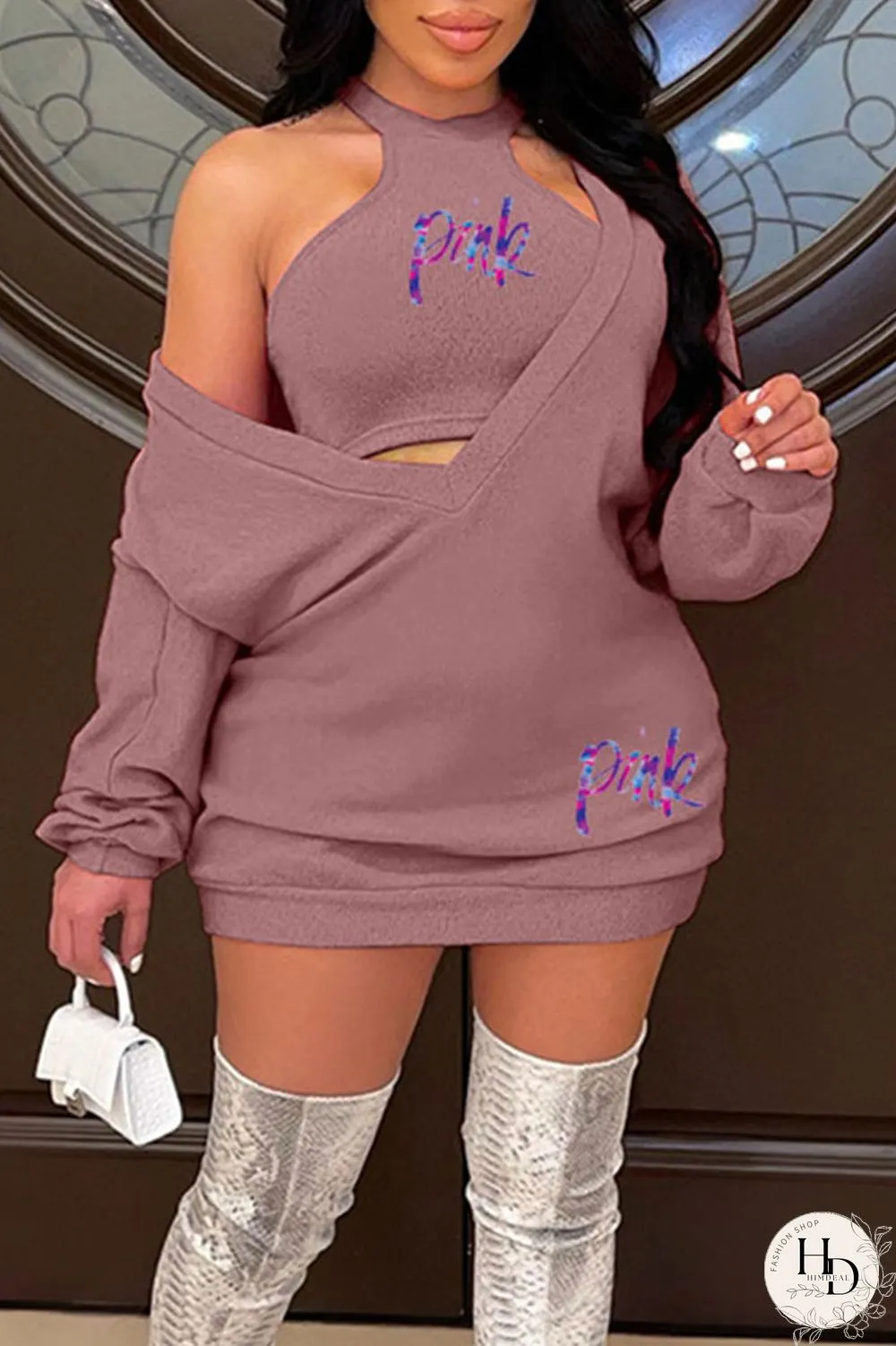 Green Sexy Print Patchwork V Neck Long Sleeve Two Pieces