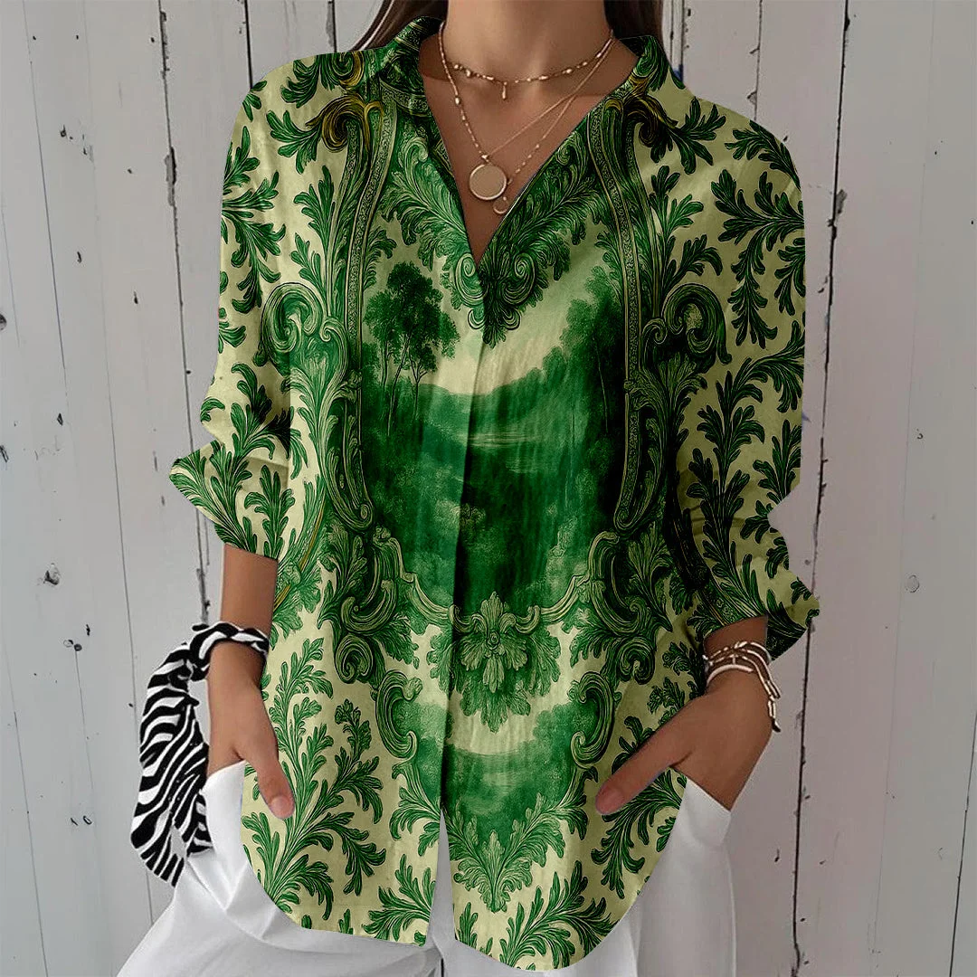 Style & Comfort for Mature Women Women Retro, Green DZCL0175 3/4 Sleeve Shirt Collar Printed Button Tops
