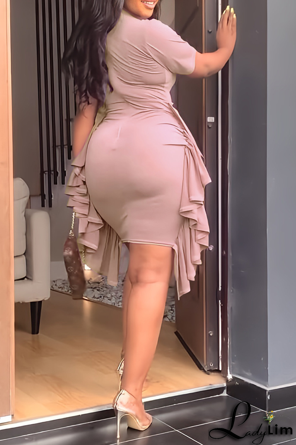 Yellow Fashion Solid Flounce Fold O Neck Pencil Skirt Dresses