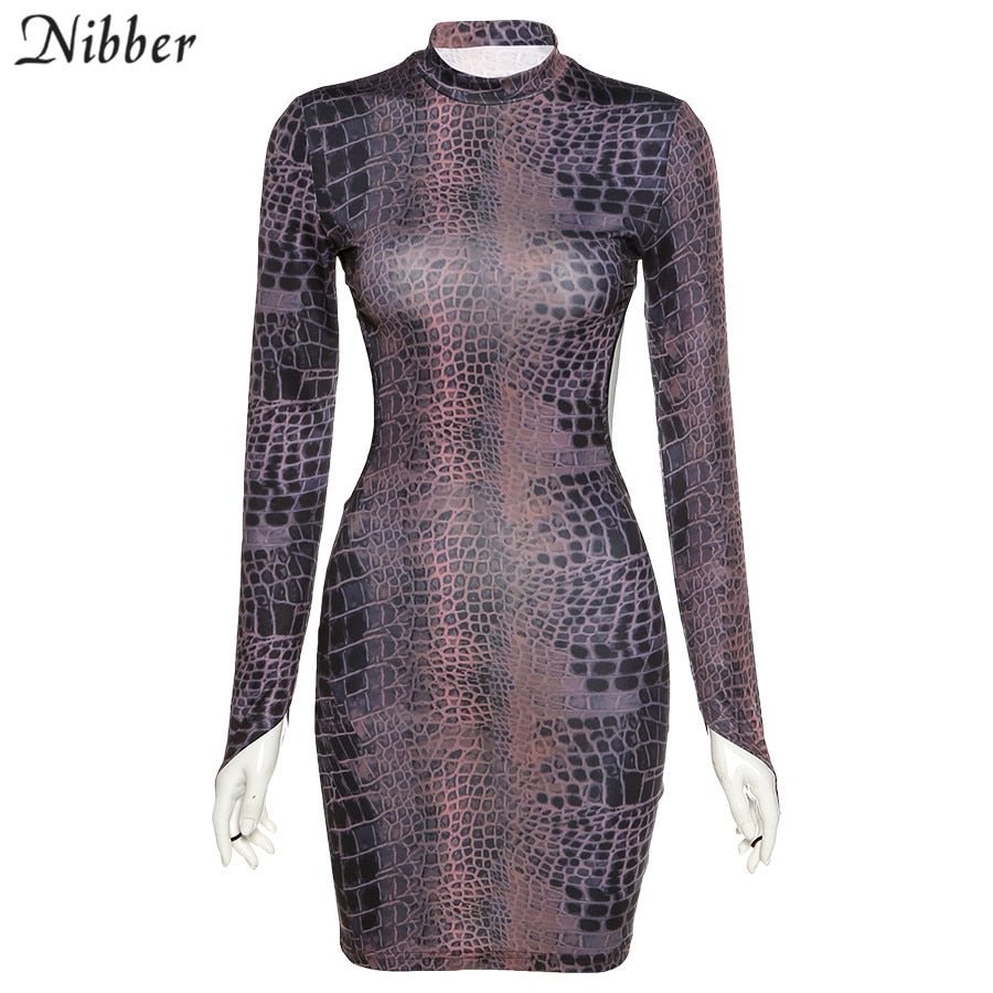 Nibber Sexy Backless Serpentine Print Mini Bodycon Dress Women Fall Chic Package Hip Streetwear Female Casual Party Club Clothes