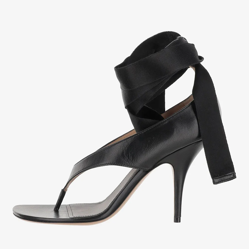 Black Open Toe Flip Flop Lace Up Stiletto High Heeled Sandals