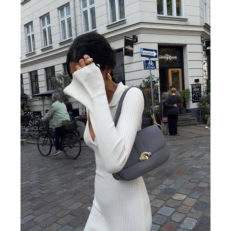 Ootddress White High Waist Knitwear Dress Fashion Women Rib Lapel Autumn 2025 Slim Elegant Long Dress Casual Knit Solid Party Dress