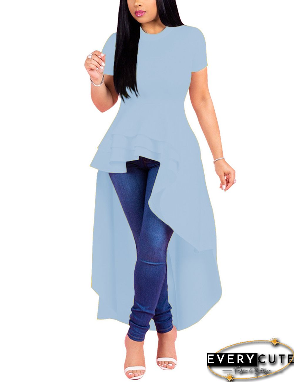 Light Blue Ruffles Hem Short Front Evening Dress