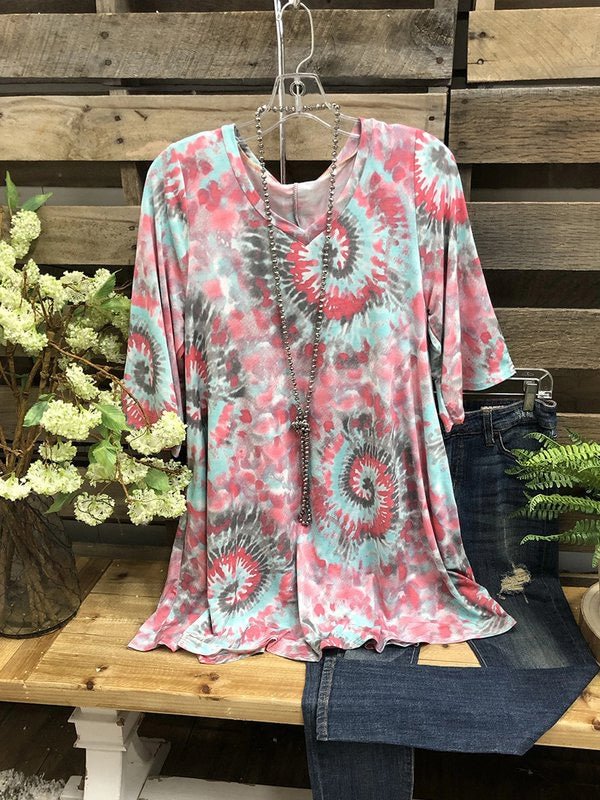 Pink Short Sleeve Ombre/tie-Dye Shirts & Tops