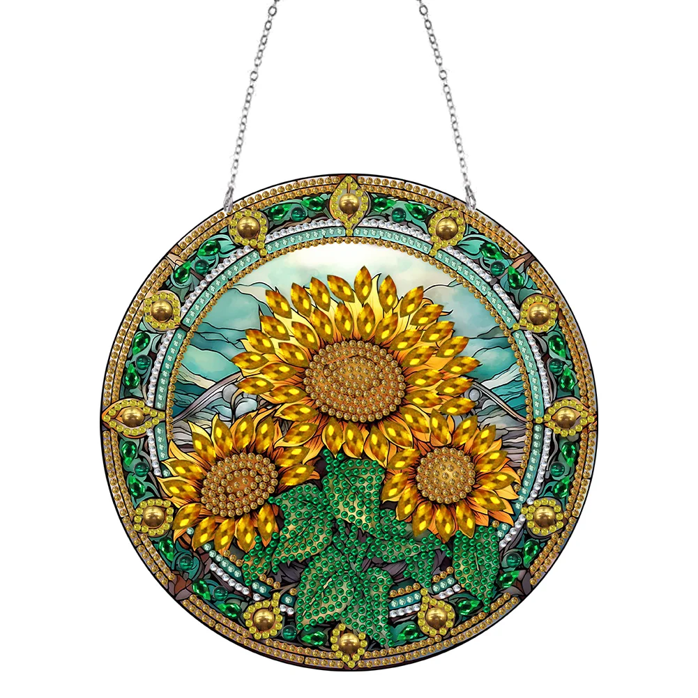 DIY Sunflower Diamond Stained Glass Style Hanging Decoration Double Side Home Garden Decoration