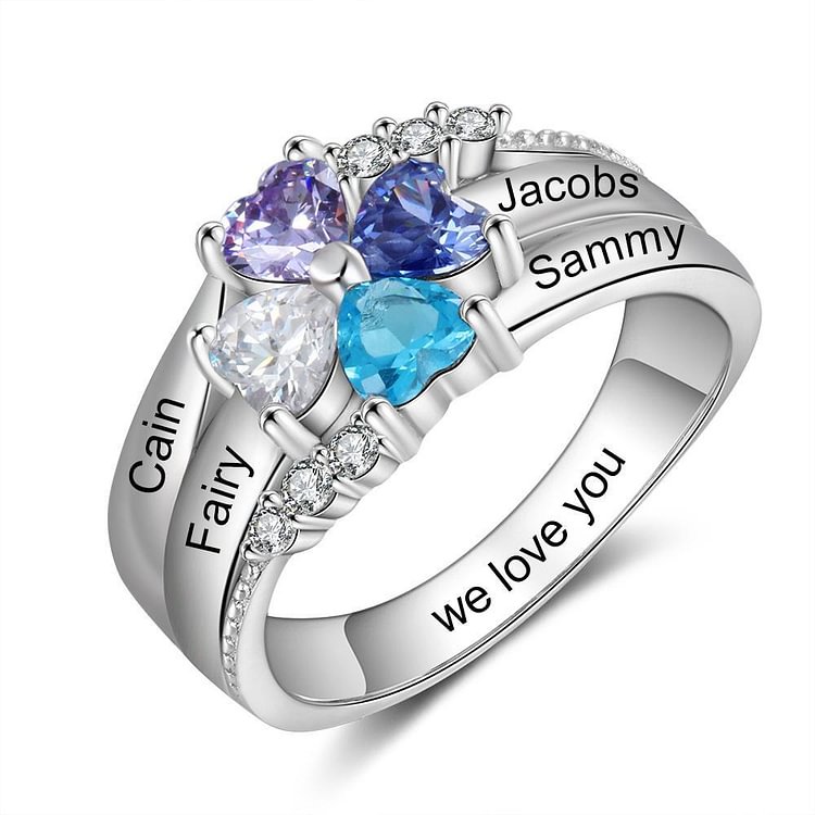 925 Sterling Silver Customized Engraved Name Birthstone Ring with 4 Names and 4 Birthstones